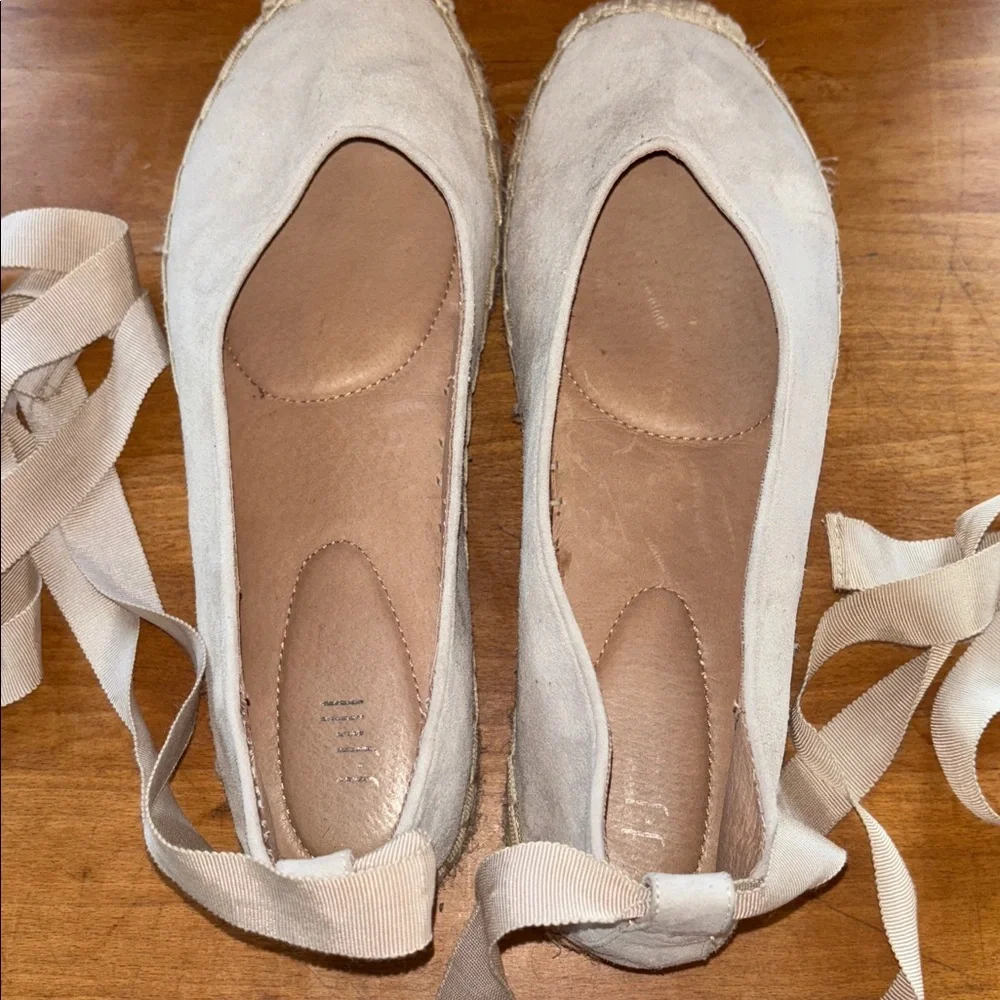 J. Jill Elegant Cream Suede Leather Flat Espadrilles, Ankle Tie Ribbon, NWOT